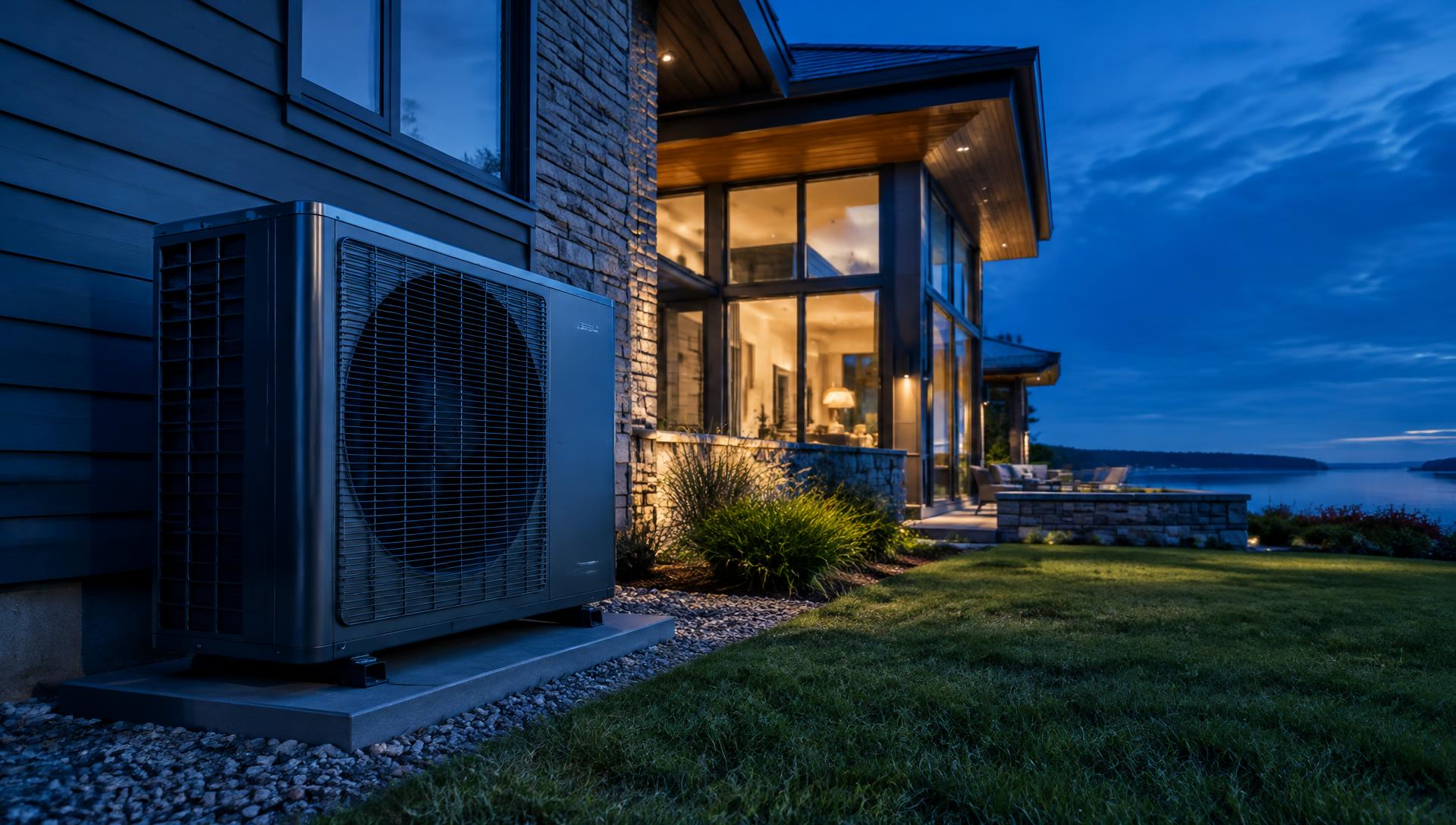 Modern heat pump installed beside a North Shore home at dusk